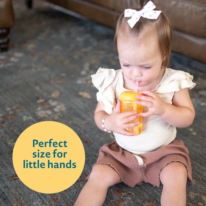 the FIRST years Squeeze & Sip Toddler Straw Cups - Squeezable Transition Sippy Cup with Silicone Straw - Toddler Feeding Supplies - Yellow/Pink/Orange - 7 Oz - 3 Count - Ages 6 Months and Up - Image 4